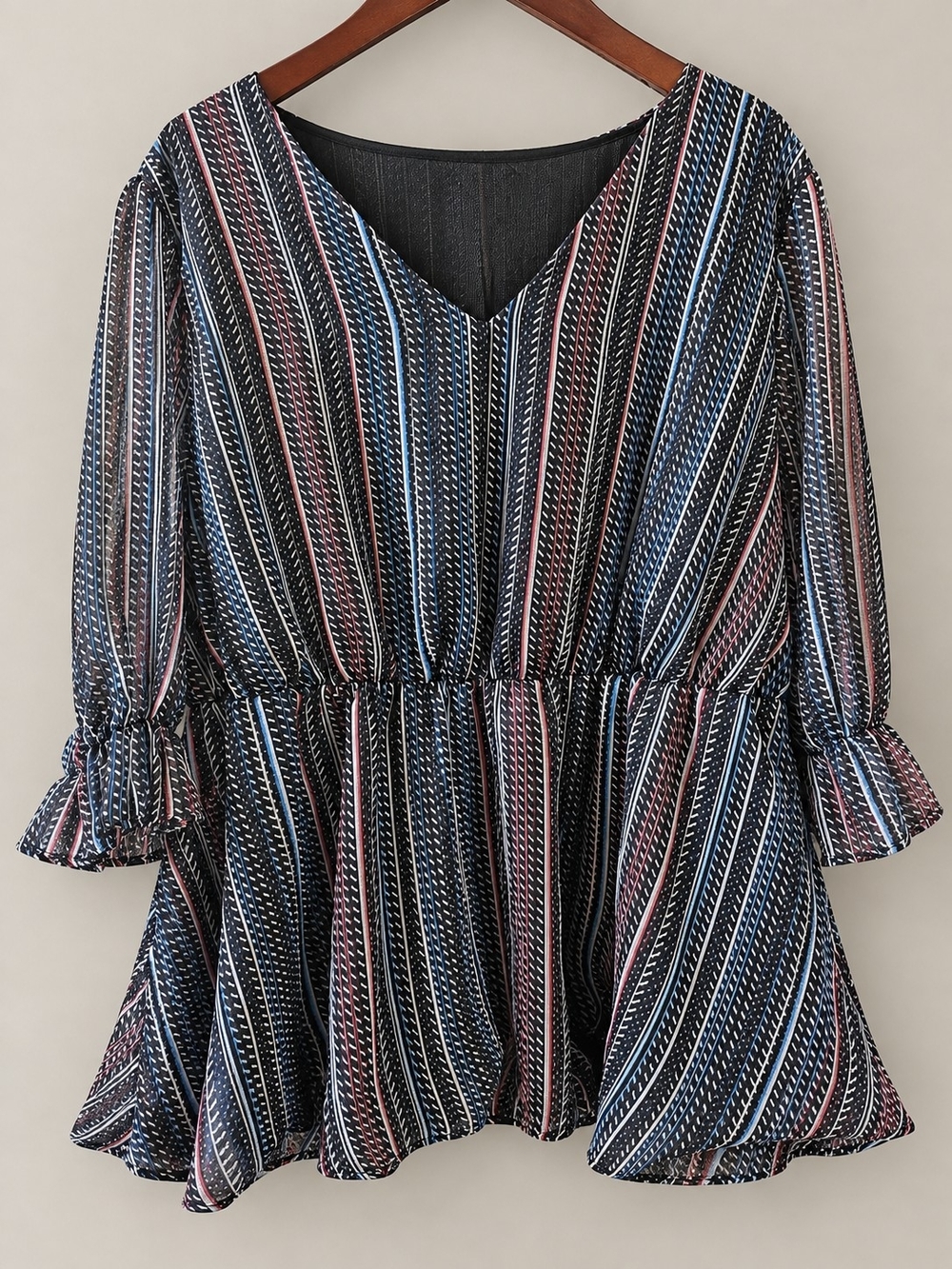 Bloomchic Striped V‑Neck Peplum Blouse in Navy with Pink & Blue